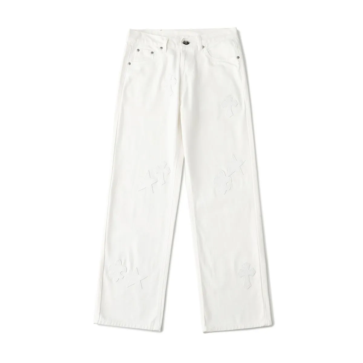 P260 💰 (Top version) Chrome Hearts/Chrome Hearts Classic white star cow series colored leather cross washed color fabric unisex denim trousers Vibe style straight stacked god-level version Carbon fine bias denim color cloth Old vintage full set of hardware - Chrome Hearts white cow series The high version uses high-ounce custom fabrics, fermentation washing and soft color fixation, soft and thick to wear, the details are all made by hand-polished craftsmanship, all-over printed jacquard fabric Unique design style. Through multiple processes to create a full retro feel. Unique niche non-contrast shirt. Customized distressed spray-painted buttons. Craftsmanship in every detail. Color: white stars. Size: 28-30-32-34 (corresponding to S-M-L-XL)